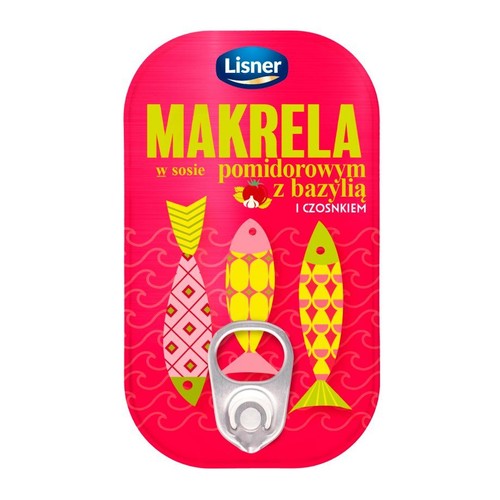 Puszka Lisner Makrela w sosie pomidorowym z bazylią i czosnkiem. Różowe opakowanie z grafiką ryb.