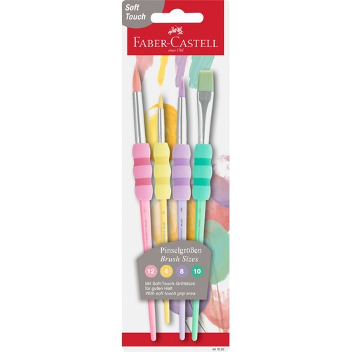 Cztery pędzle Faber-Castell z serii Soft Touch, zapakowane w przezroczysty blister. Pędzle posiadają ergonomiczne uchwyty w kolorach różowym, żółtym, fioletowym i miętowym, zapewniające dobry chwyt. Dostępne rozmiary to 12, 4, 8, 10.