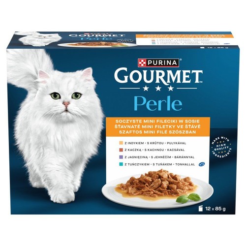 Kartonowe opakowanie karmy dla kota Purina Gourmet Perle, 12x85g. Zawiera fileciki z indykiem, kaczką, jagnięciną, tuńczykiem.