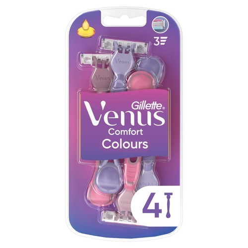 Zestaw 4 maszynek Gillette Venus Komfortowe Kolory z 3 ostrzami. Widoczne maszynki w odcieniach różu i fioletu.