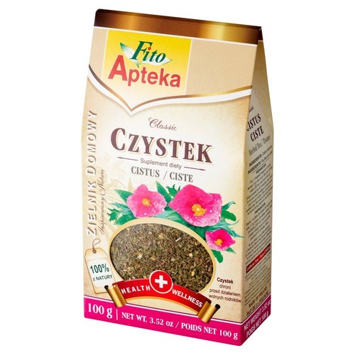 Beżowa torebka Fito Apteka Czystek, suplement diety 100g. Widoczne różowe kwiaty i suszone zioła.