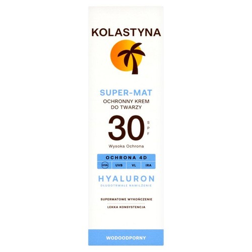Krem do twarzy Kolastyna Super-Mat SPF30, 50ml. Z hialuronem, wodoodporny, o lekkiej konsystencji.
