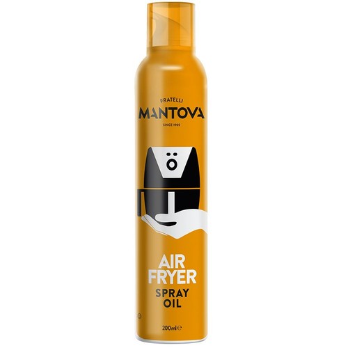 Pomarańczowa butelka oleju w sprayu Fratelli Mantova Air Fryer o pojemności 200 ml. Na etykiecie widnieje czarno-biała grafika frytownicy beztłuszczowej na dłoni. Produkt przeznaczony do smażenia w frytownicach beztłuszczowych.