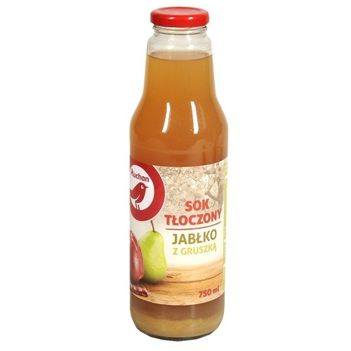 Produkt: sok tłoczony Jabłko z Gruszką marki Auchan. Jest to szklana butelka z czerwoną nakrętką. Etykieta zawiera nazwę produktu, logo Auchan oraz ilustracje jabłka i gruszki. Objętość 750 ml.
