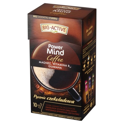 Kawa rozpuszczalna BIG-ACTIVE Power Mind Coffee, czekoladowa, z magnezem i guaraną. Opakowanie zawiera 10 porcji. Bez cukru.