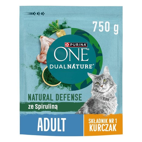 Karma dla dorosłych kotów Purina One DualNature 750g. Opakowanie w odcieniach błękitu z wizerunkiem kota i składników.