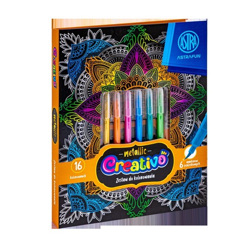 Astra Creativo Metallic, zestaw do kolorowania. Opakowanie z motywem mandali, zawiera 16 kolorowanek. Przezroczyste okno ukazuje 6 metalicznych markerów w odcieniach złota, pomarańczu, różu, błękitu, turkusu i zieleni.