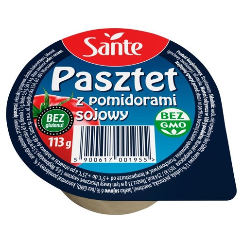 Sante Pasztet sojowy z pomidorami, bez glutenu i GMO, w okrągłym opakowaniu 113 g. Na etykiecie grafika pomidorów.