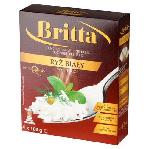 Opakowanie ryżu białego Britta, długoziarnistego w torebkach do gotowania, 4x100g. Na pudełku grafika ryżu na łyżce.