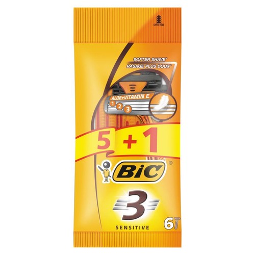 Pomarańczowe opakowanie maszynek Bic Sensitive, 3 ostrza, 6 sztuk (5+1). Zapewniają delikatniejsze golenie dzięki aloesowi i witaminie E.