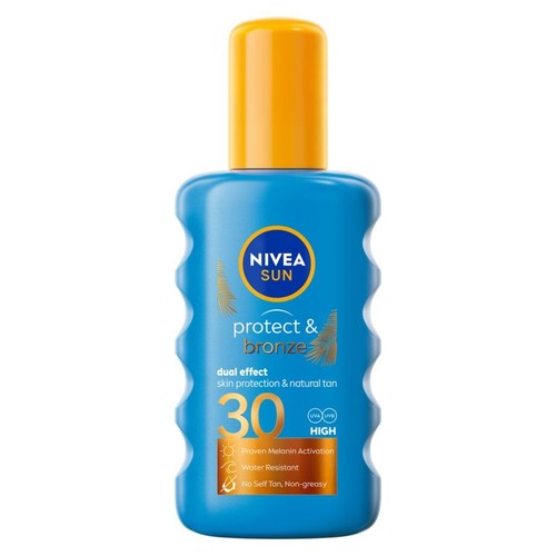 Opakowanie balsamu NIVEA SUN Protect & Bronze SPF 30 w sprayu. Niebieska butelka z pomarańczową nakrętką, 200 ml.