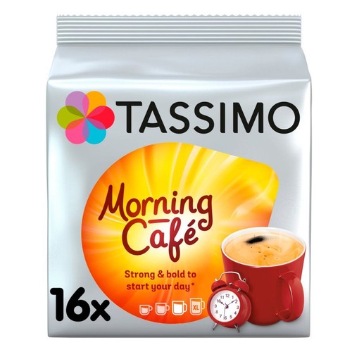 Białe opakowanie kapsułek Tassimo Morning Café, 16 sztuk. Z napisem "Mocna i wyrazista, by zacząć dzień".