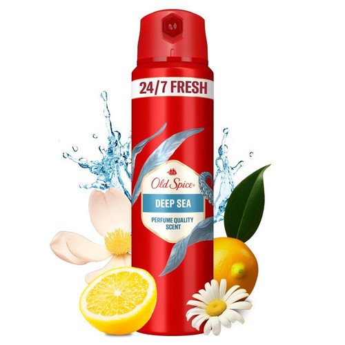 Old Spice Deep Sea, antyperspirant w czerwonej puszce z czerwoną nakrętką. W tle grafika cytryn, wody i kwiatów.