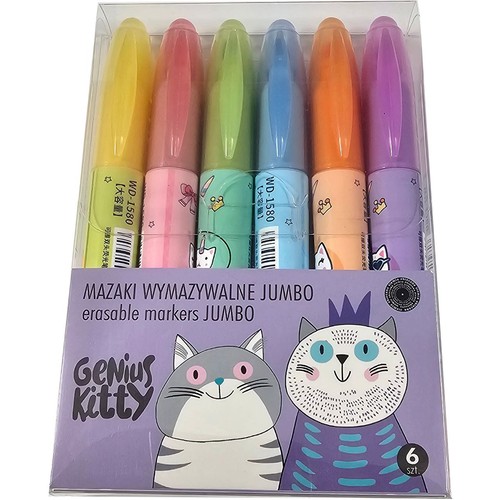 Zestaw 6 wymazywalnych mazaków JUMBO Genius Kitty. Kolory: żółty, różowy, zielony, niebieski, pomarańczowy, fioletowy. Opakowanie z kotami.