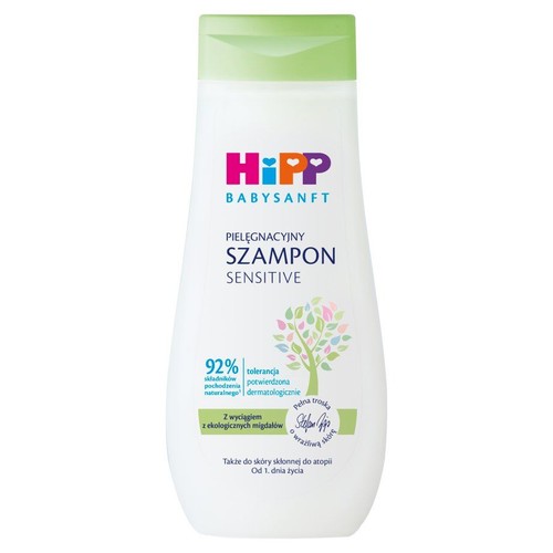 Biała butelka szamponu HiPP Babysanft Sensitive 200ml z zieloną nakrętką. Na etykiecie nazwa produktu i grafika drzewa.