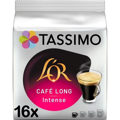 Srebrne opakowanie kapsułek Tassimo L'OR Café Long Intense, 16 sztuk. Widoczna filiżanka kawy.