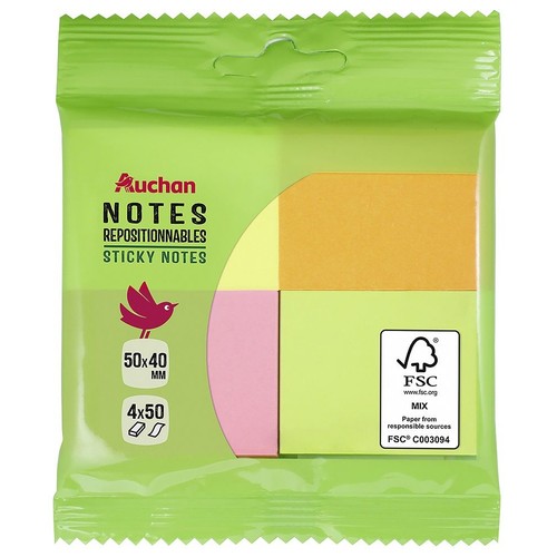 Karteczki samoprzylepne 4 kolory 50x40mm  Auchan 200 sztuk