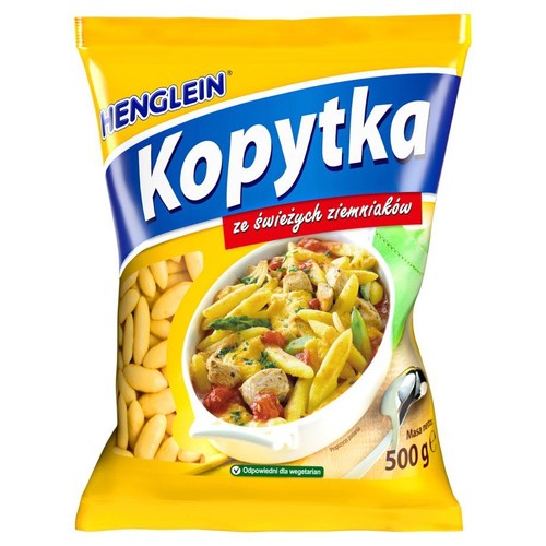 Żółta torebka kopytek ziemniaczanych Henglein, 500g. Na opakowaniu grafika ugotowanych kopytek z sosem. Odpowiednie dla wegetarian.