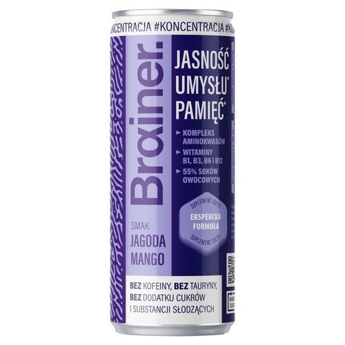 Napój Brainer o smaku jagoda-mango, 250 ml. Wspiera jasność umysłu i pamięć. Zawiera witaminy B i aminokwasy.