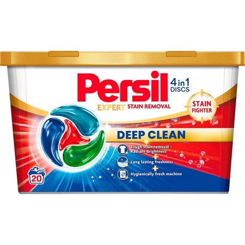 Opakowanie Persil 4w1 Discs Deep Clean, 20 sztuk. Ekspert w usuwaniu plam, pogromca plam, głębokie czyszczenie.