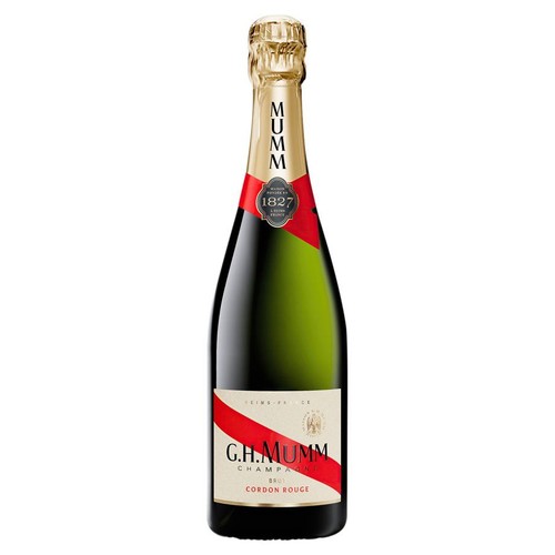 Szampan G.H. Mumm Brut Cordon Rouge w eleganckiej, ciemnozielonej butelce. Szyjka butelki jest owinięta złotą folią. Główna etykieta jest kremowa z czerwoną, ukośną wstęgą i napisem "G.H. Mumm Champagne".