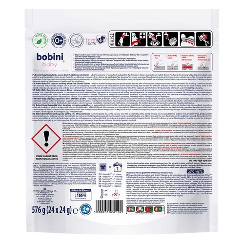 Opakowanie kapsułek Bobini Baby do prania, 576g. 24 sztuki, dla delikatnej skóry niemowląt. Love & Care.
