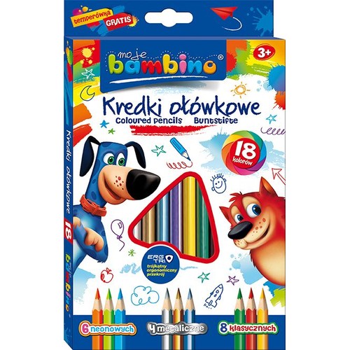 Opakowanie 18 kredek ołówkowych Moje Bambino z ergonomicznym, trójkątnym przekrojem. Zawiera 6 kredek neonowych, 4 metaliczne i 8 klasycznych. Na pudełku wizerunki psa i kota, kolorowe rysunki. Temperówka gratis.