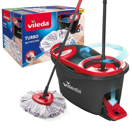 Mop Vileda Turbo 3w1 z mikrofibry i wiadro z systemem odwirowywania. Czerwono-czarny design.
