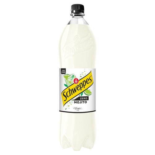 Butelka napoju Schweppes Zero Mojito z czarną nakrętką. Na etykiecie grafika szklanki mojito z miętą i limonką.