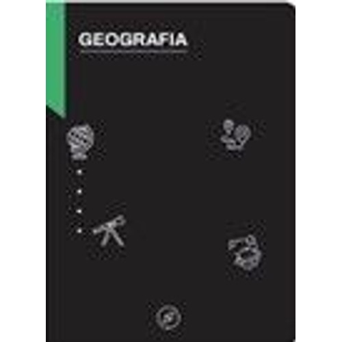 Czarna okładka podręcznika lub zeszytu z zielonym pionowym paskiem po lewej stronie. Na górze widnieje biały napis "GEOGRAFIA". Poniżej znajdują się białe ikony: globus, teleskop, grupa ludzi i symbol kompasu.