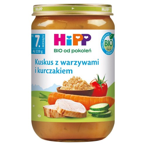 HiPP BIO Kuskus z warzywami i kurczakiem w słoiku, 220g. Produkt dla dzieci od 7. miesiąca życia. Etykieta z ilustracjami składników.