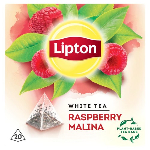 Opakowanie herbaty Lipton Biała Malina. Widoczna torebka herbaty i grafika malin z liśćmi. Zawiera 20 torebek.