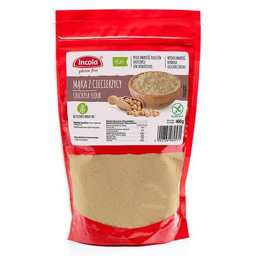 Czerwone opakowanie mąki z ciecierzycy Incola gluten free, 400g. Produkt wegański, bez pszenicy, z niską zawartością tłuszczów nasyconych i wysoką zawartością błonnika. Na opakowaniu grafika miski z mąką i ciecierzycą.