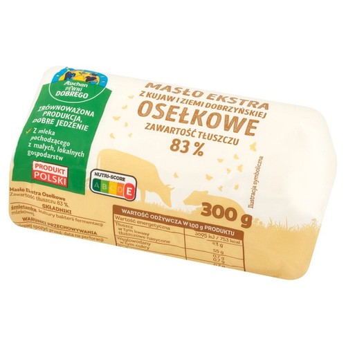 Auchan Masło Ekstra Osełkowe 83% tłuszczu, 300 g. Produkt Polski z mleka z małych, lokalnych gospodarstw.