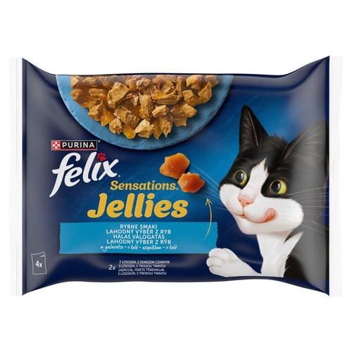 Foliowe opakowanie karmy dla kota Felix Sensations Jellies, 4 saszetki. Rybne smaki w galaretce, z łososiem i dorszem. Grafika kota.