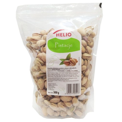 HELIO Pistacje prażone, solone w skorupkach, w przezroczystej torebce. Masa netto 500 g.