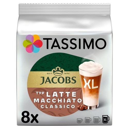 Srebrne opakowanie Tassimo Jacobs Latte Macchiato Klasyczne, 8 porcji XL. Widoczna grafika szklanki kawy z mlekiem.