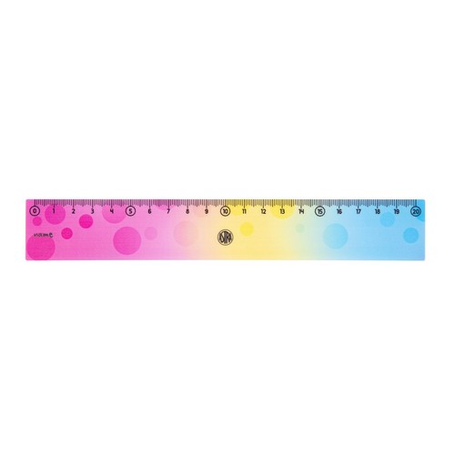 Linijka 20 cm z gradientem kolorów od różowego do niebieskiego. Ma wzór w kropki i logo ASTRA.
