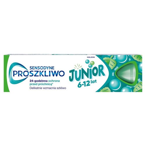 Pasta do zębów Sensodyne Proszkliwo Junior dla dzieci 6-12 lat. Zapewnia 24-godzinną ochronę przed próchnicą i wzmacnia szkliwo.