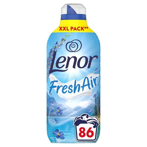 Płyn do płukania Lenor Fresh Air, butelka z grafiką lawendy i powiewającego prania. Opakowanie XXL na 86 prań.