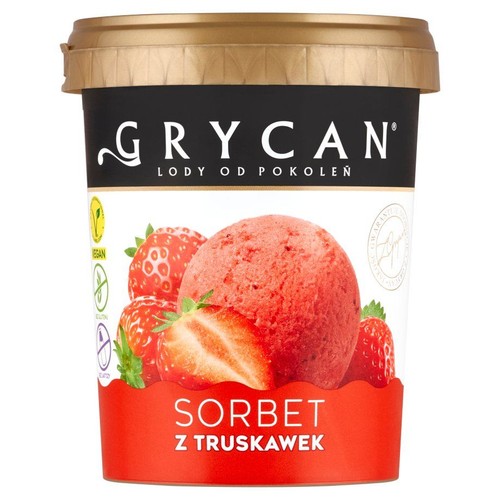 Opakowanie sorbetu truskawkowego Grycan ze złotą pokrywką. Na czarno-białej etykiecie widnieje grafika trzech gałek różowego sorbetu i świeżych truskawek. Produkt jest oznaczony jako wegański, bezglutenowy i bez laktozy, z gwarancją jakości.