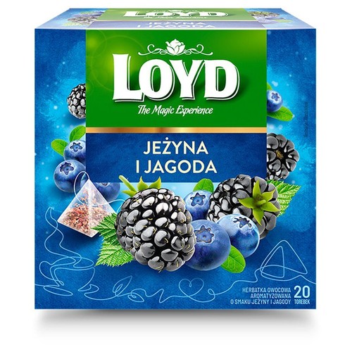 Pudełko herbaty LOYD Jeżyna i Jagoda. Na niebieskim tle grafiki jeżyn, jagód i torebki herbaty. 20 torebek.