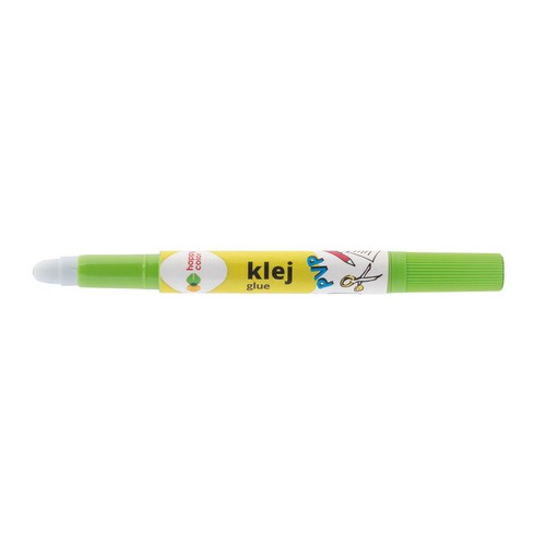 Zielony klej w sztyfcie Happy Color z żółtą etykietą. Na etykiecie napis "klej" i grafiki ołówka oraz nożyczek.