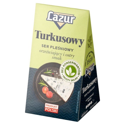 Opakowanie sera pleśniowego Lazur Turkusowy. Zielono-niebieskie pudełko z grafiką kawałka sera, owoców i rozmarynu. Produkt Polski.