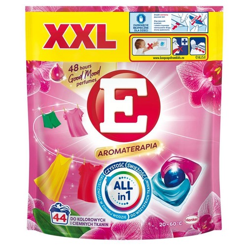 Opakowanie kapsułek do prania E All in 1, 44 sztuki, XXL. Skuteczne w zimnej wodzie, do wszystkich tkanin, z zamknięciem bezpiecznym dla dzieci.