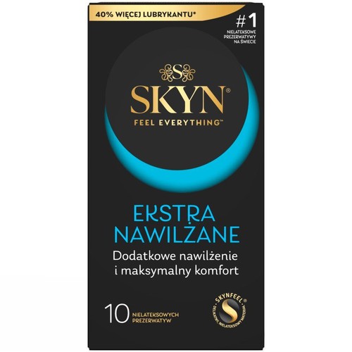 Czarne pudełko prezerwatyw SKYN, 10 nielateksowych sztuk. Zapewnia dodatkowe nawilżenie.