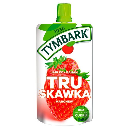 Biała saszetka Tymbark z zieloną zakrętką. Grafika truskawek, napis "TRUSKAWKA". Mus jabłko, banan, marchew, bez dodatku cukru.