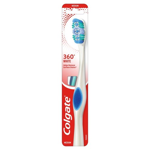 Colgate 360° White, szczoteczka do zębów ze średnim włosiem. Pomaga usuwać przebarwienia powierzchniowe. W blistrze.