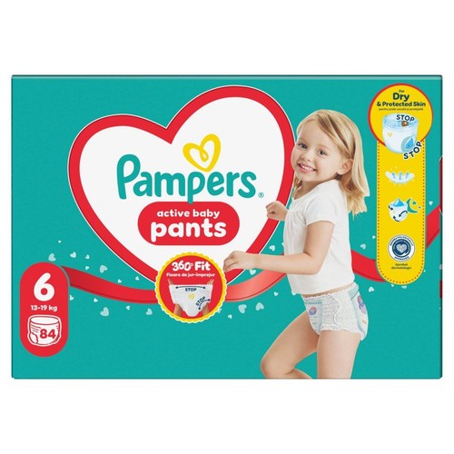Pudełko pieluchomajtek Pampers Active Baby Pants, rozmiar 6 (13-19 kg), 84 sztuki. Na opakowaniu logo i grafika dziecka.