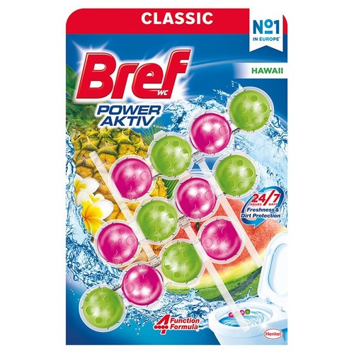 Opakowanie Bref WC Power Aktiv Classic Hawaii. Zawiera 12 kulek do WC, 6 różowych i 6 zielonych. Formuła 4 funkcji, nr 1 w Europie.